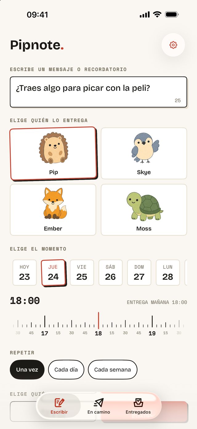 Pipnote: escribir un mensaje y elegir mensajero y hora