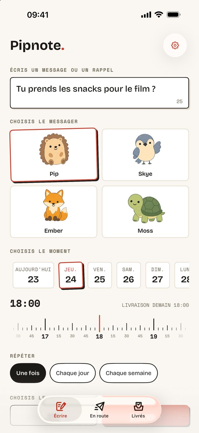 Pipnote : écrire un mot et choisir un messager et une heure