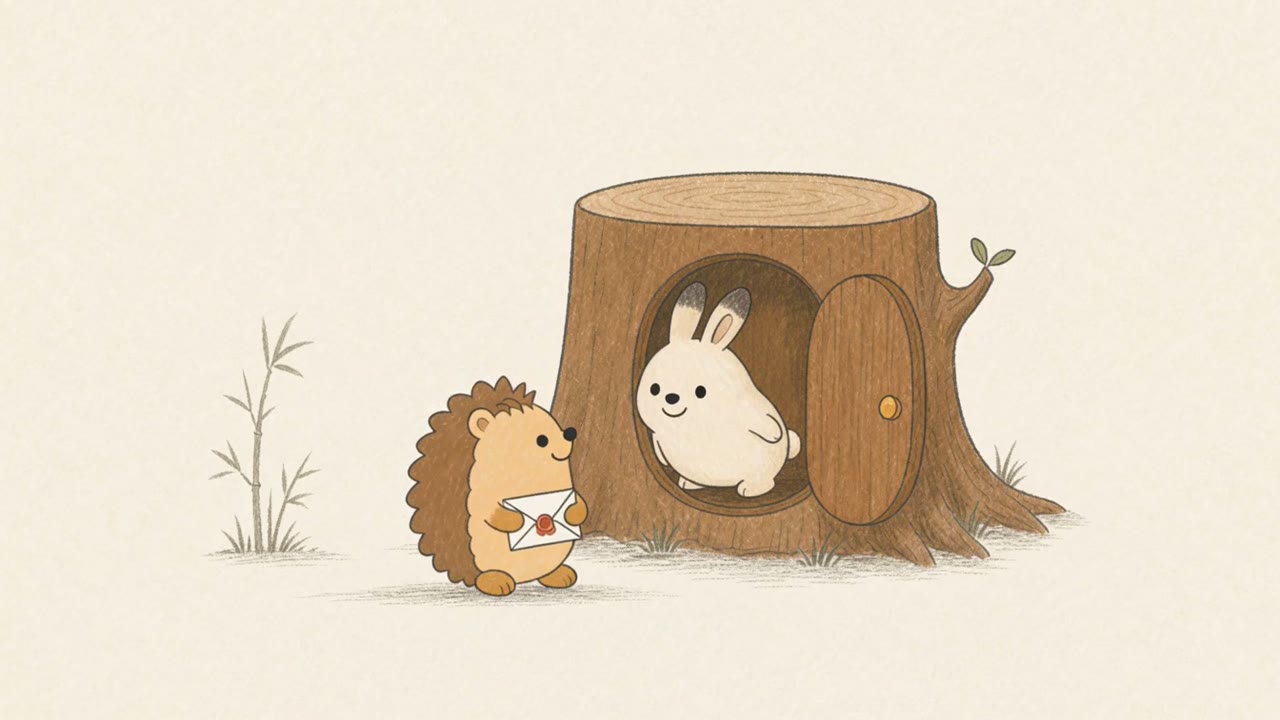 Pip and a friend outside a little tree-stump house