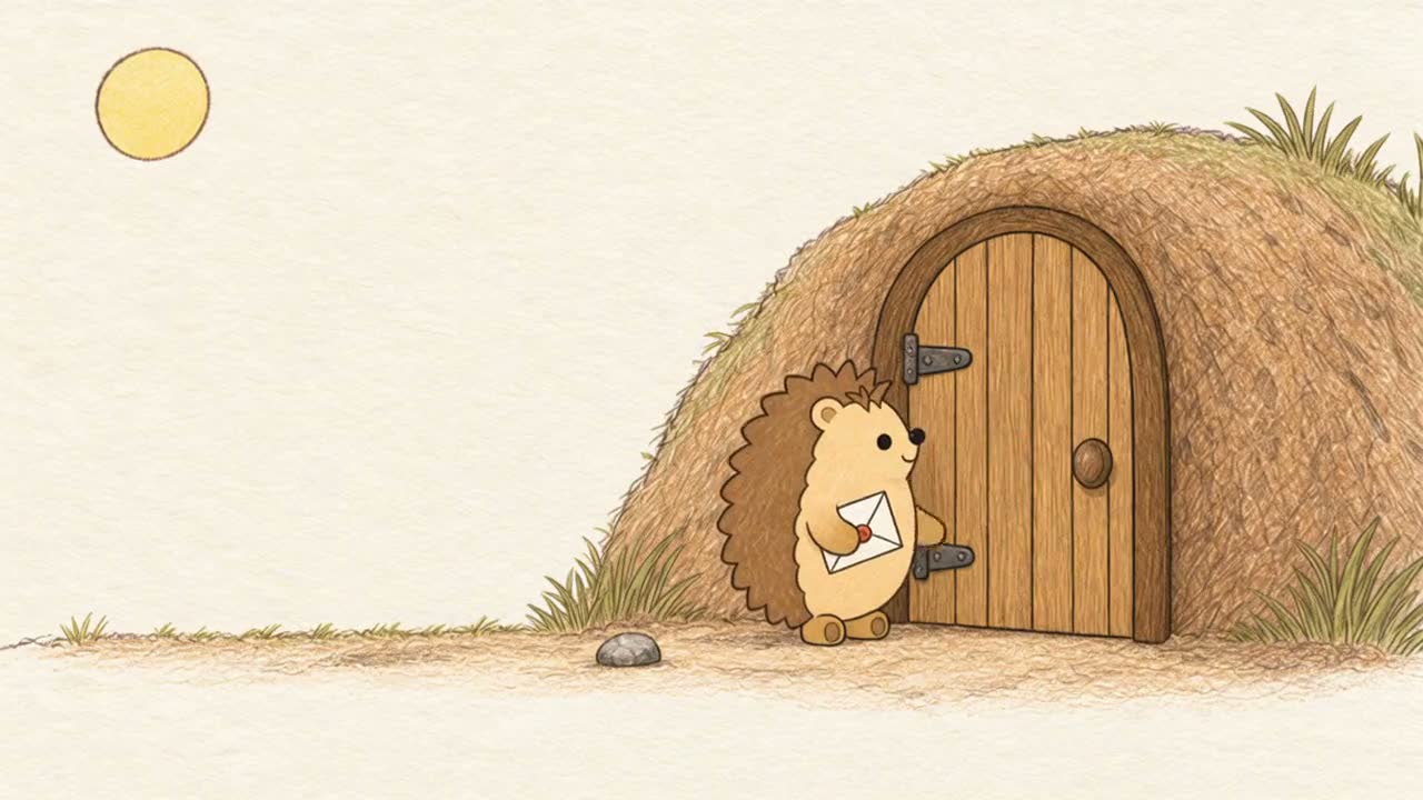Pip knocking on Little Badger’s door with a sealed note